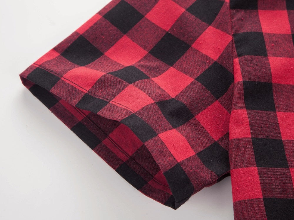 Red And Black Plaid Shirts for Men / Short Sleeve Checkered Shirts in Grunge Rock Style