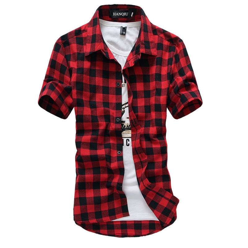 Red And Black Plaid Shirts for Men / Short Sleeve Checkered Shirts in Grunge Rock Style