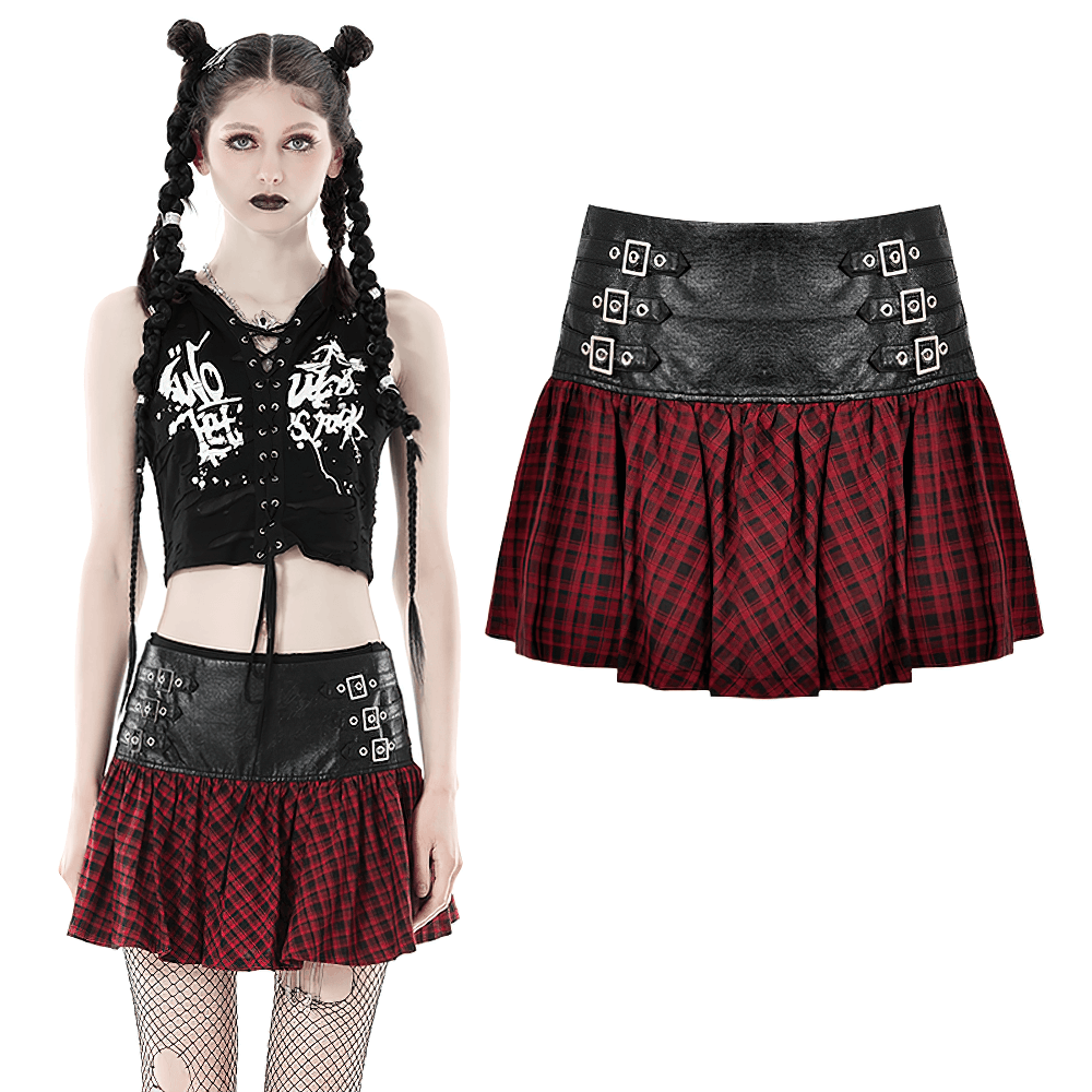 Red and Black Tartan Gothic Mini Skirt with Belt