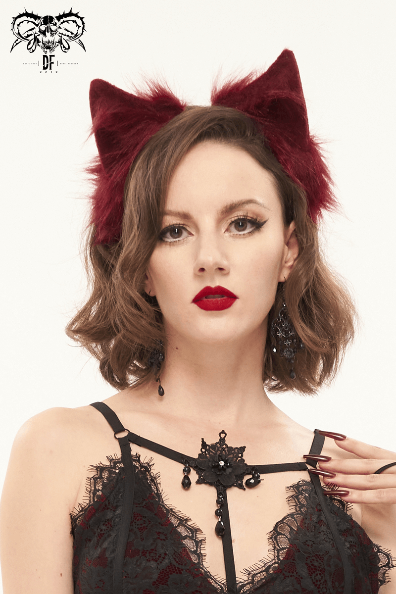 Red Ladies Faux Fur Cat Eears Headdress / Gothic Sexy Head Accessories for Women