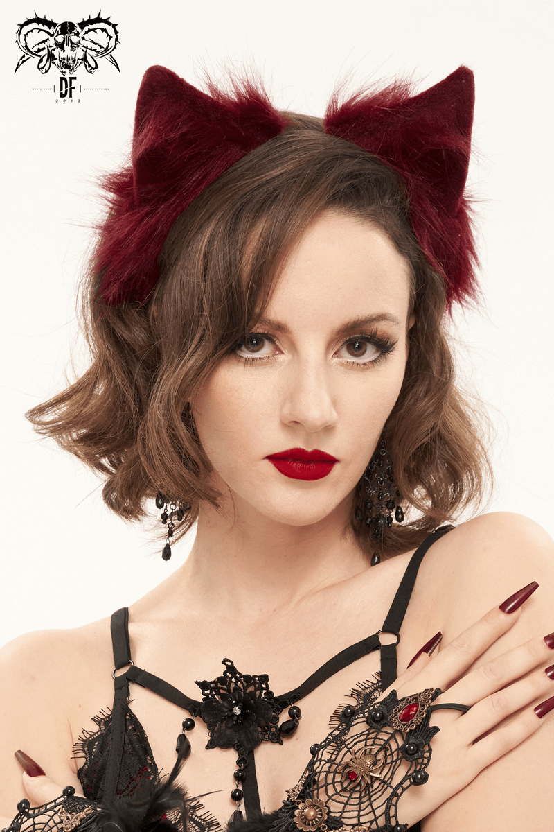 Red Ladies Faux Fur Cat Eears Headdress / Gothic Sexy Head Accessories for Women