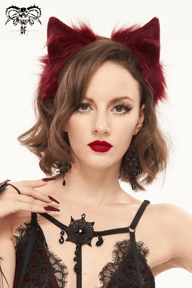 Red Ladies Faux Fur Cat Eears Headdress / Gothic Sexy Head Accessories for Women
