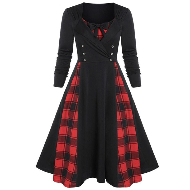 Red Plaid Dress for Women in Gothic Style / Retro Dress with Long Sleeves