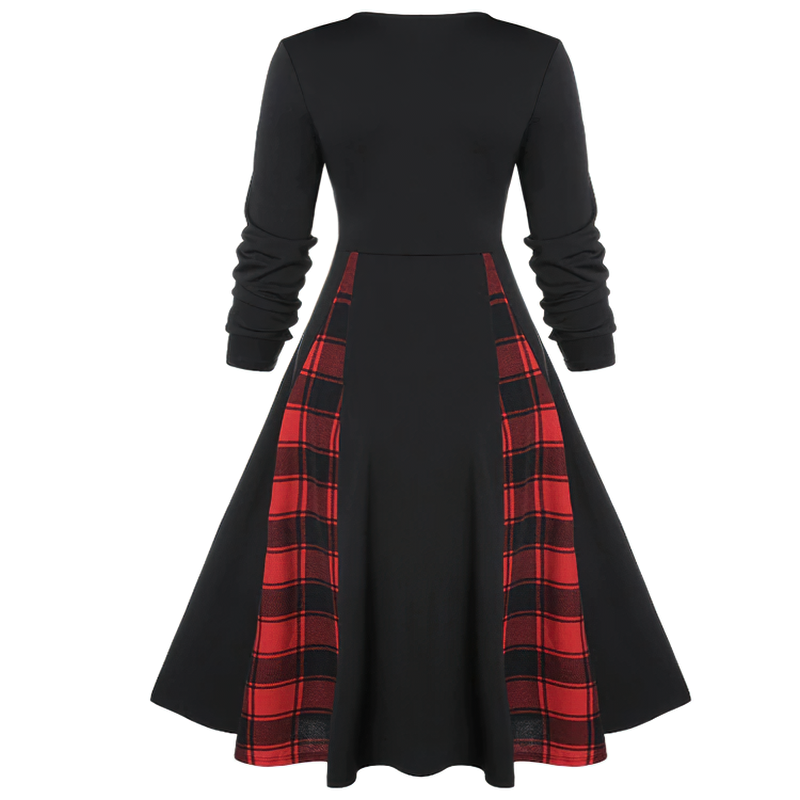 Red Plaid Dress for Women in Gothic Style / Retro Dress with Long Sleeves