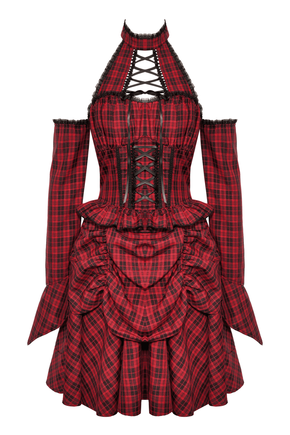Red Plaid Gothic Corset Dress with Ruffle Details