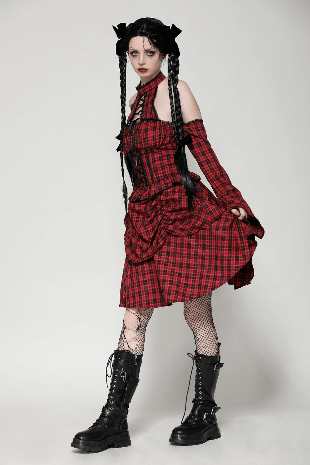 Red Plaid Gothic Corset Dress with Ruffle Details