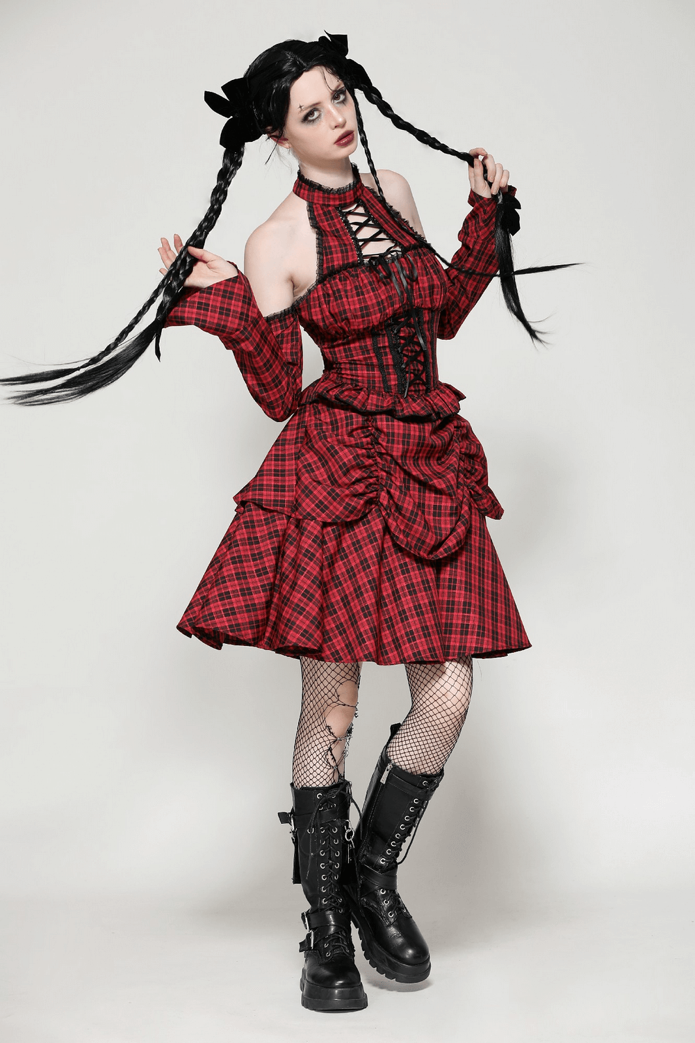 Red Plaid Gothic Corset Dress with Ruffle Details