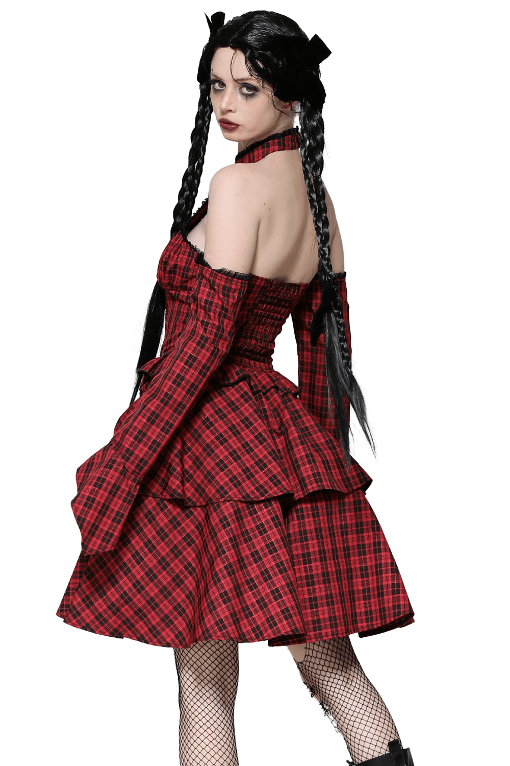 Red Plaid Gothic Corset Dress with Ruffle Details