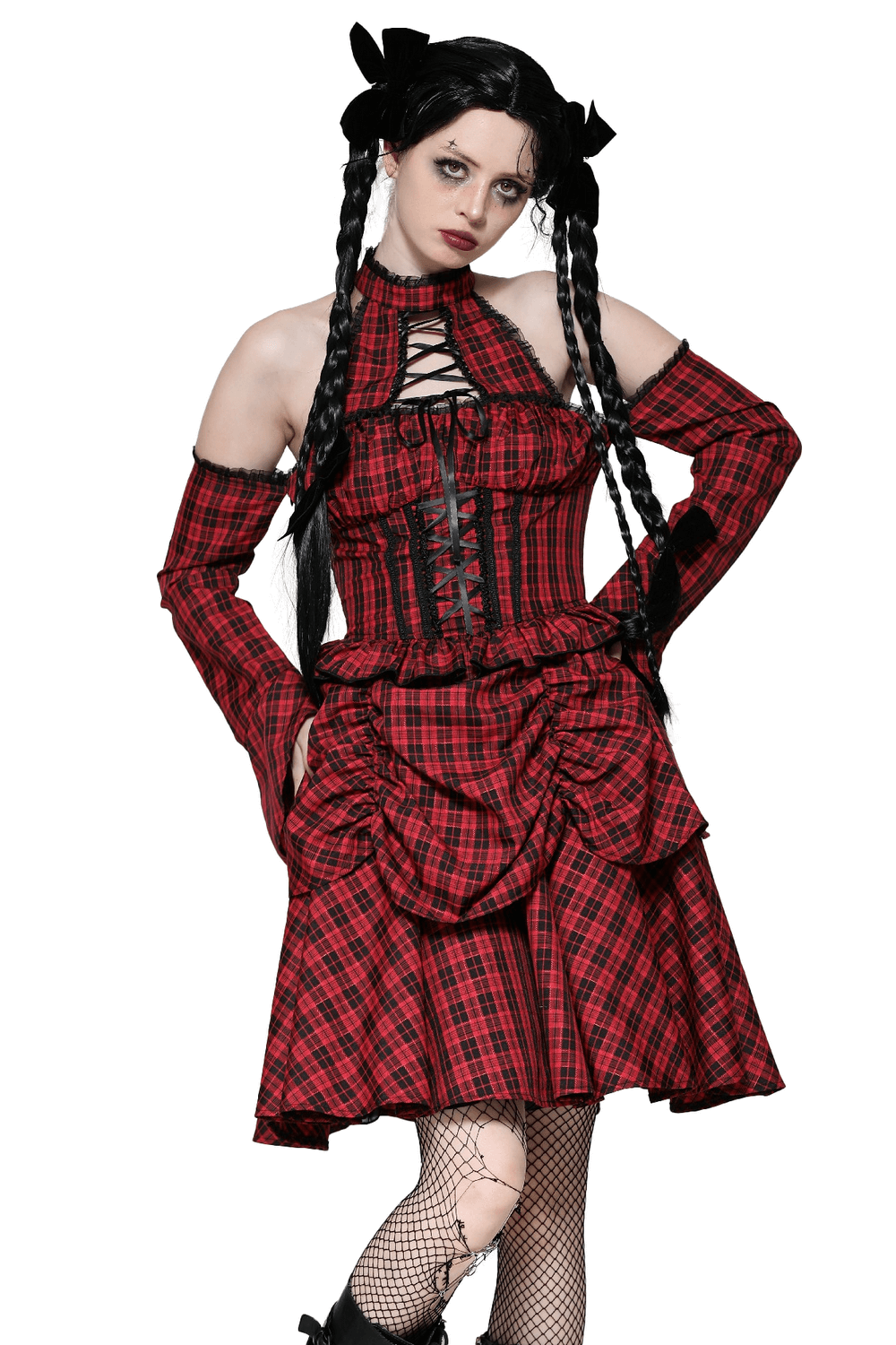 Red Plaid Gothic Corset Dress with Ruffle Details