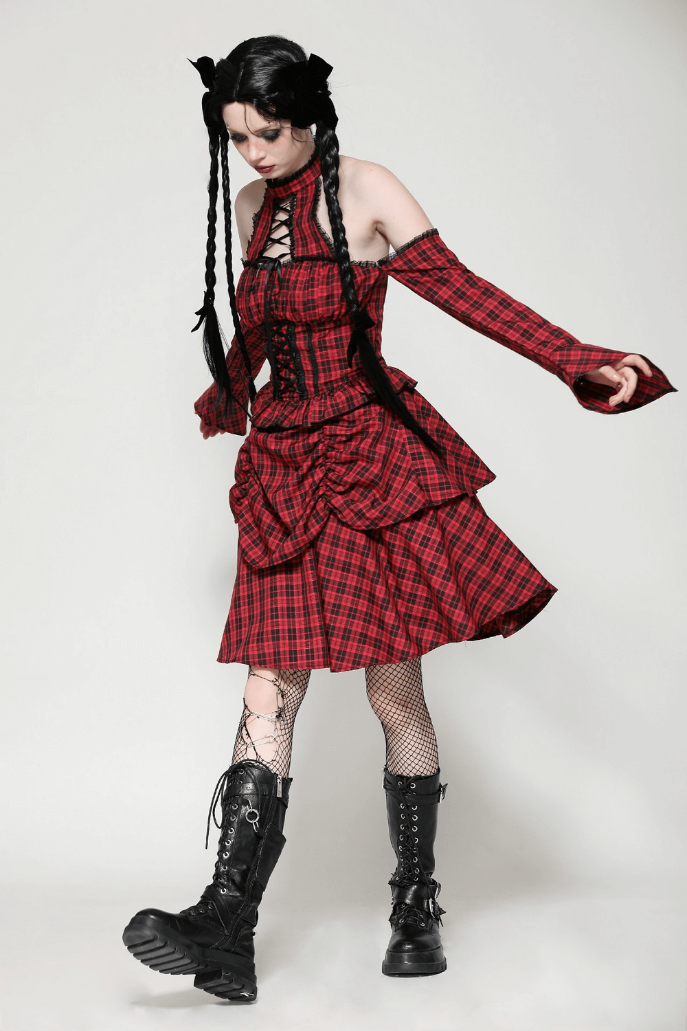 Red Plaid Gothic Corset Dress with Ruffle Details