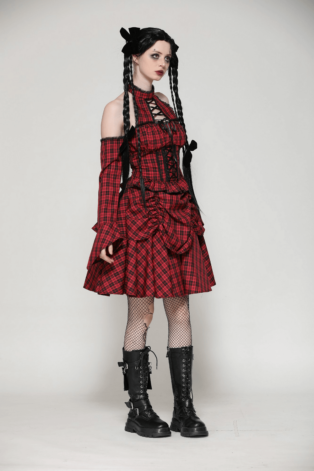 Red Plaid Gothic Corset Dress with Ruffle Details