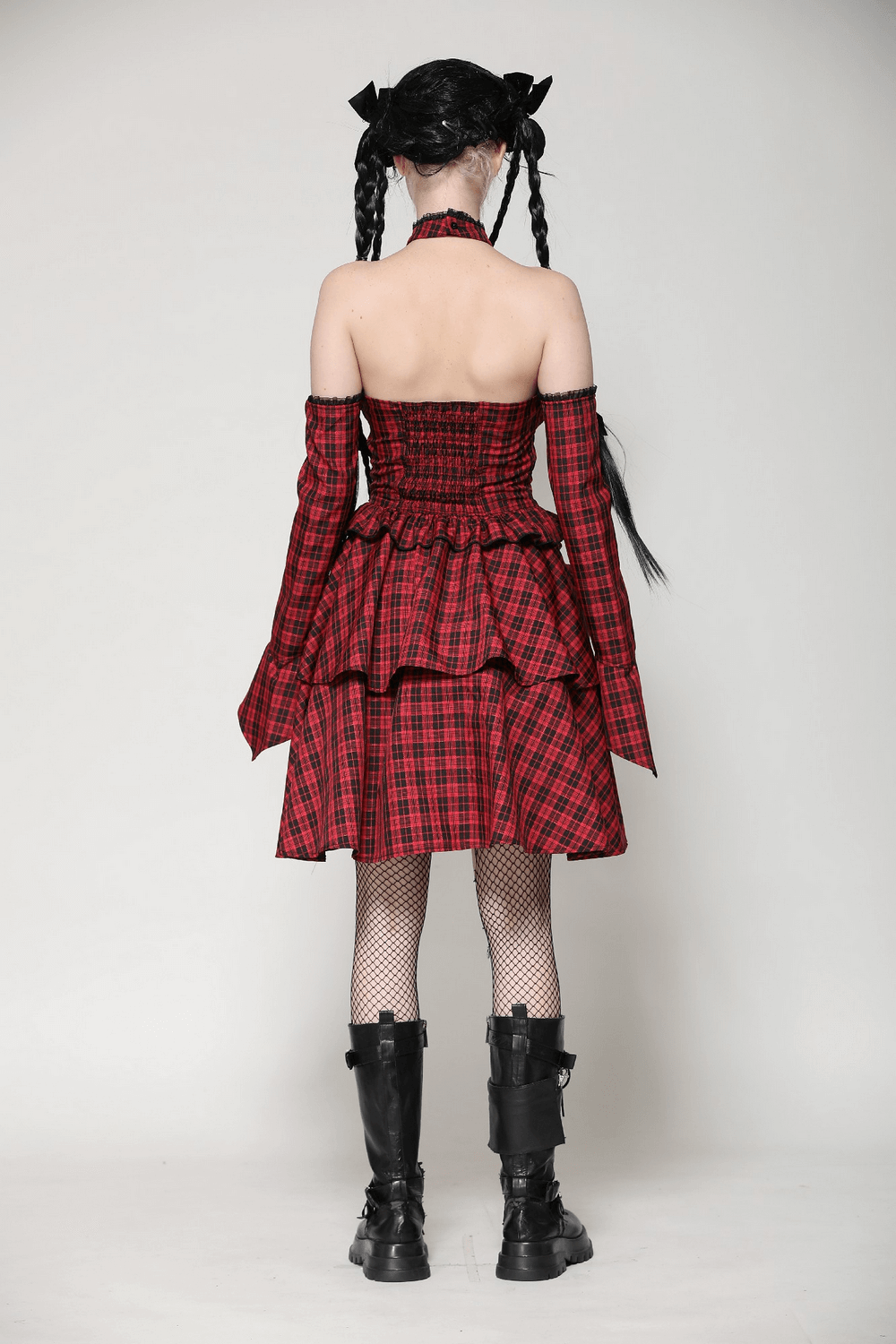 Red Plaid Gothic Corset Dress with Ruffle Details