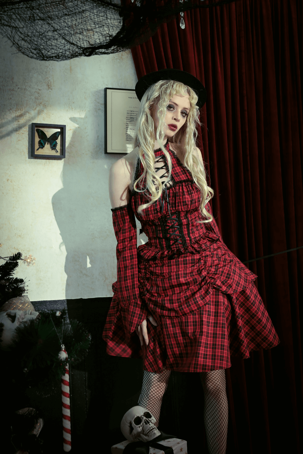 Red Plaid Gothic Corset Dress with Ruffle Details