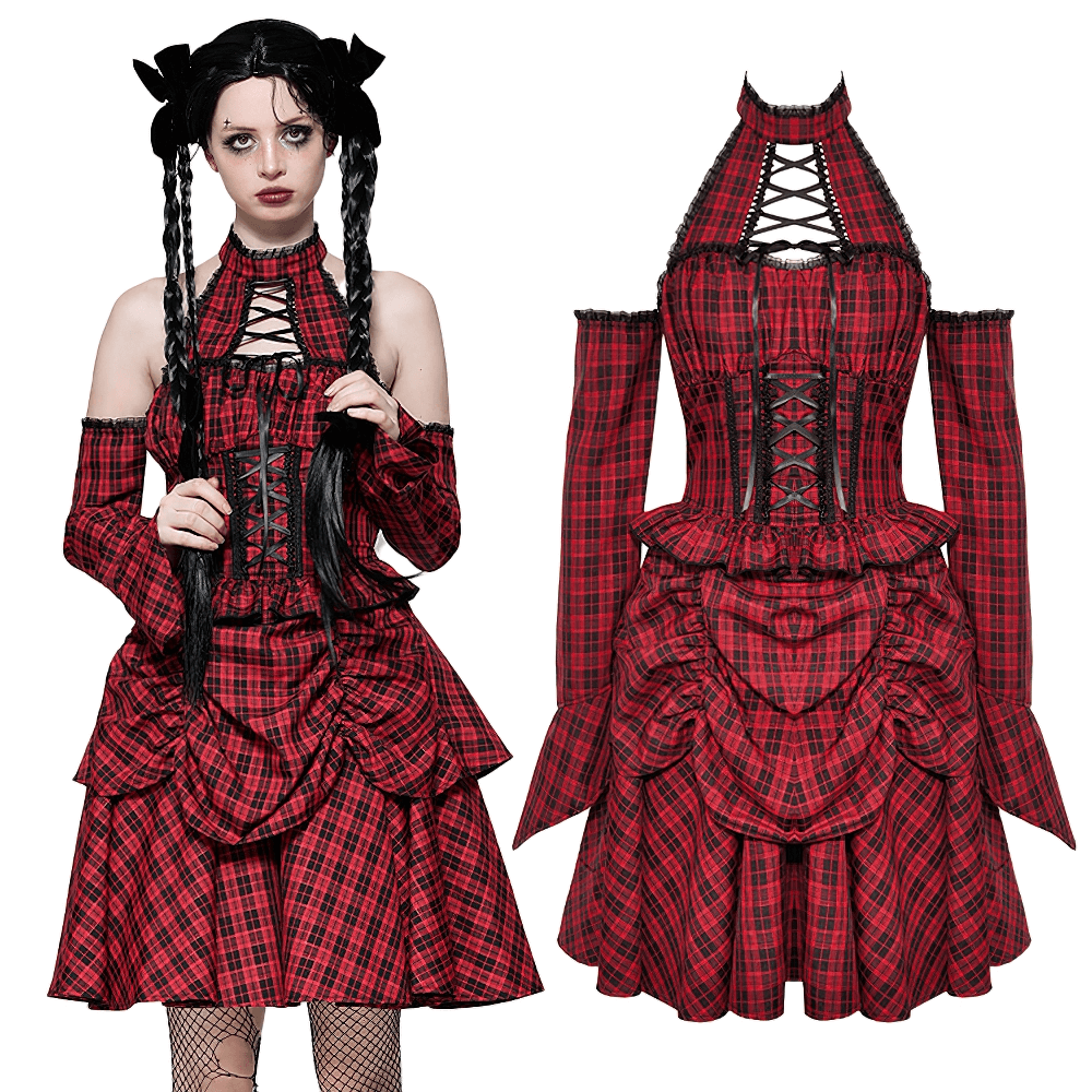 Red Plaid Gothic Corset Dress with Ruffle Details