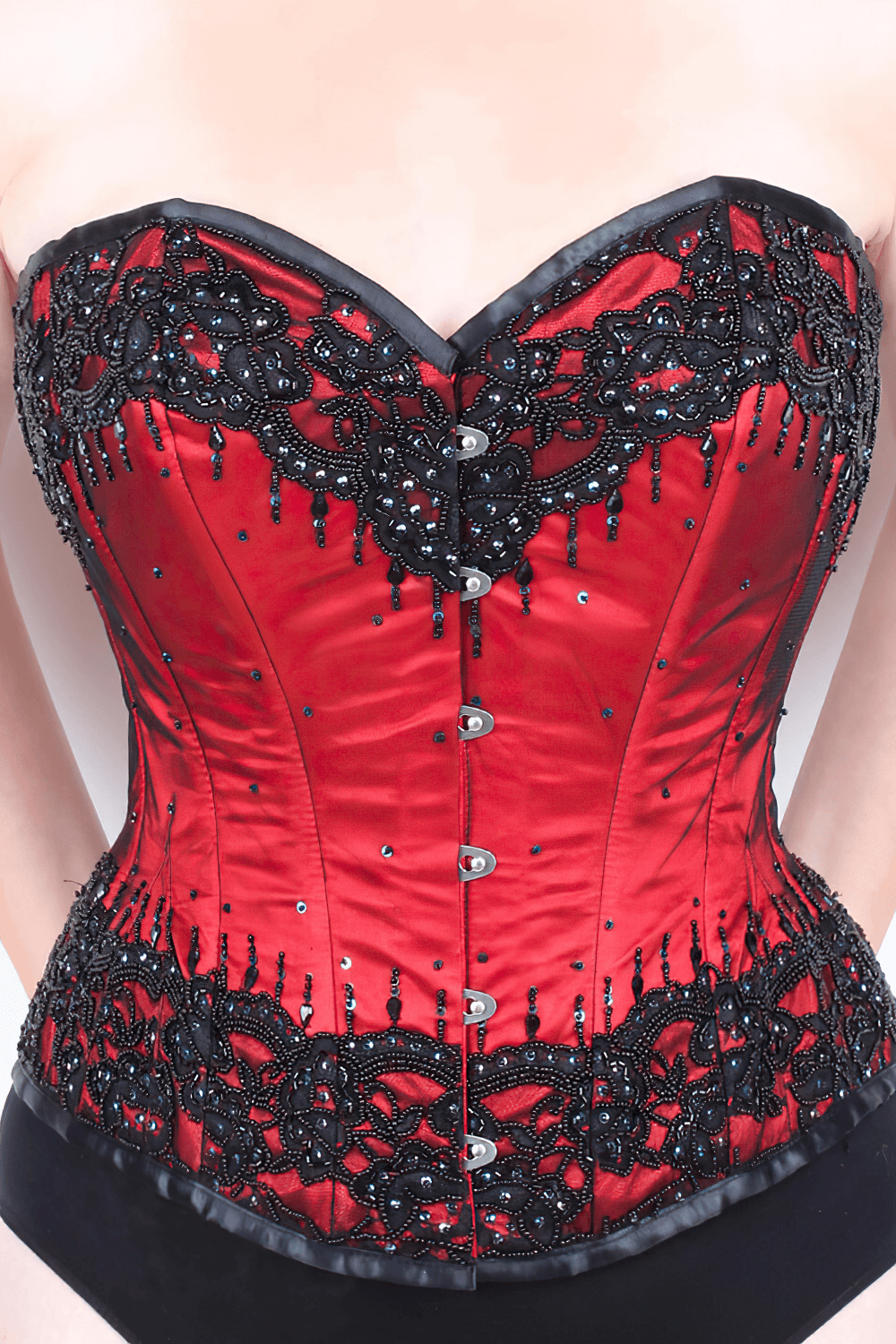 Red Satin Overbust Corset with Lace-Up Back and Steel Boning