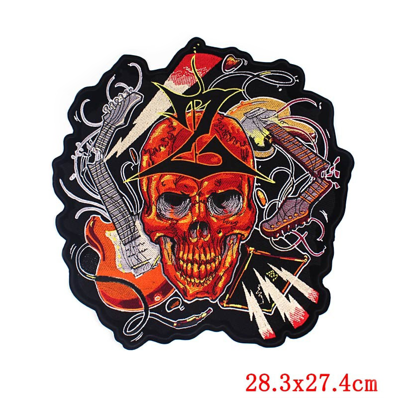 Red Skul with Guitars Print Iron-On Patch For Jackets / Large Embroidered Biker Patches For Clothes