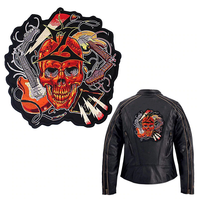 Red Skul with Guitars Print Iron-On Patch For Jackets / Large Embroidered Biker Patches For Clothes