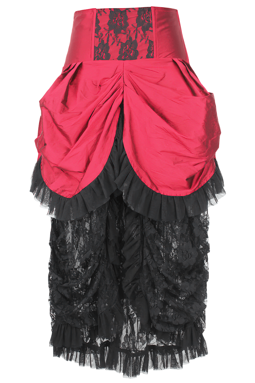 Red Victorian Bustle Skirt with Black Lace and Taffeta