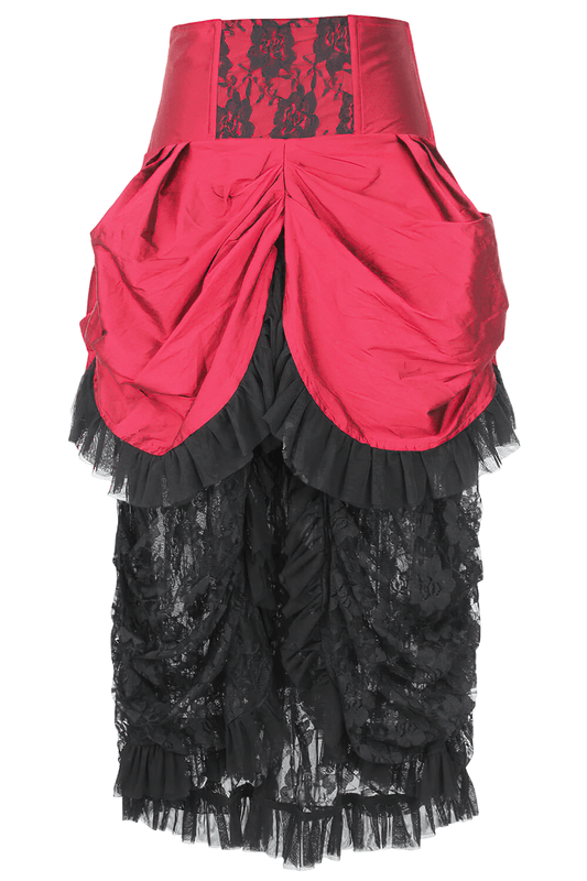 Red Victorian Bustle Skirt with Black Lace and Taffeta