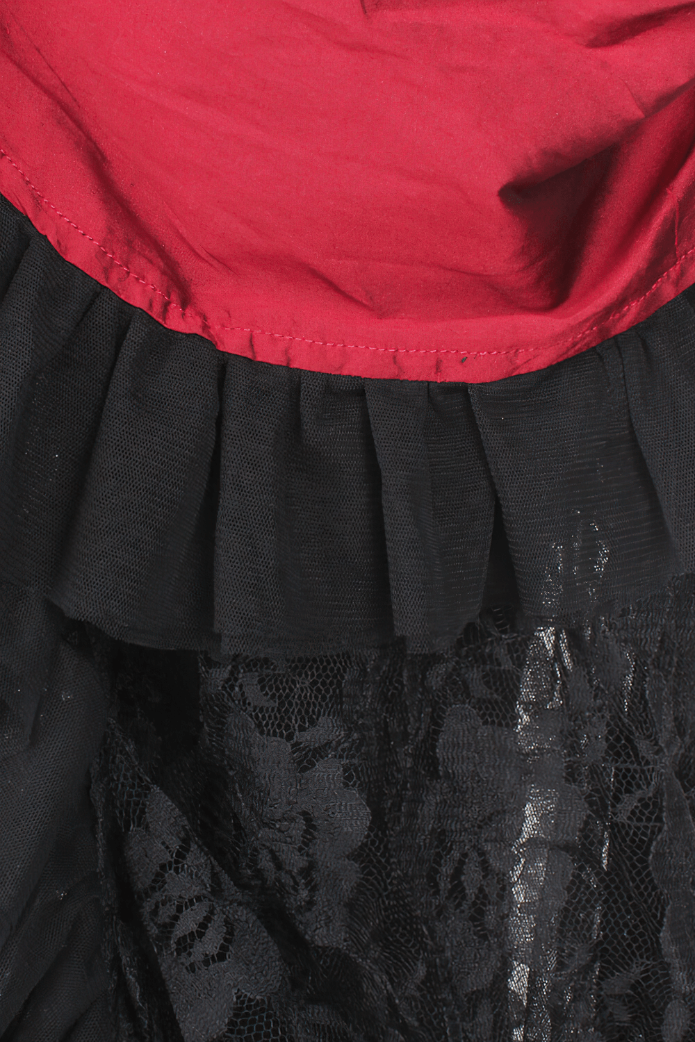 Red Victorian Bustle Skirt with Black Lace and Taffeta