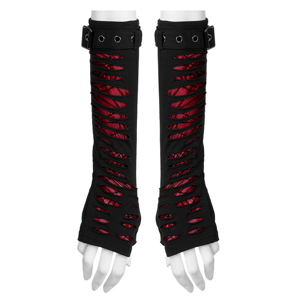 Red-Weave Accent Goth Gloves with Buckle Cuffs