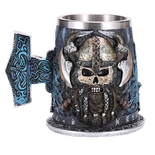 Resin and Stainless Steel Beer 450ml Mug / Retro Viking Pub Bar Mug with Axe and Viking