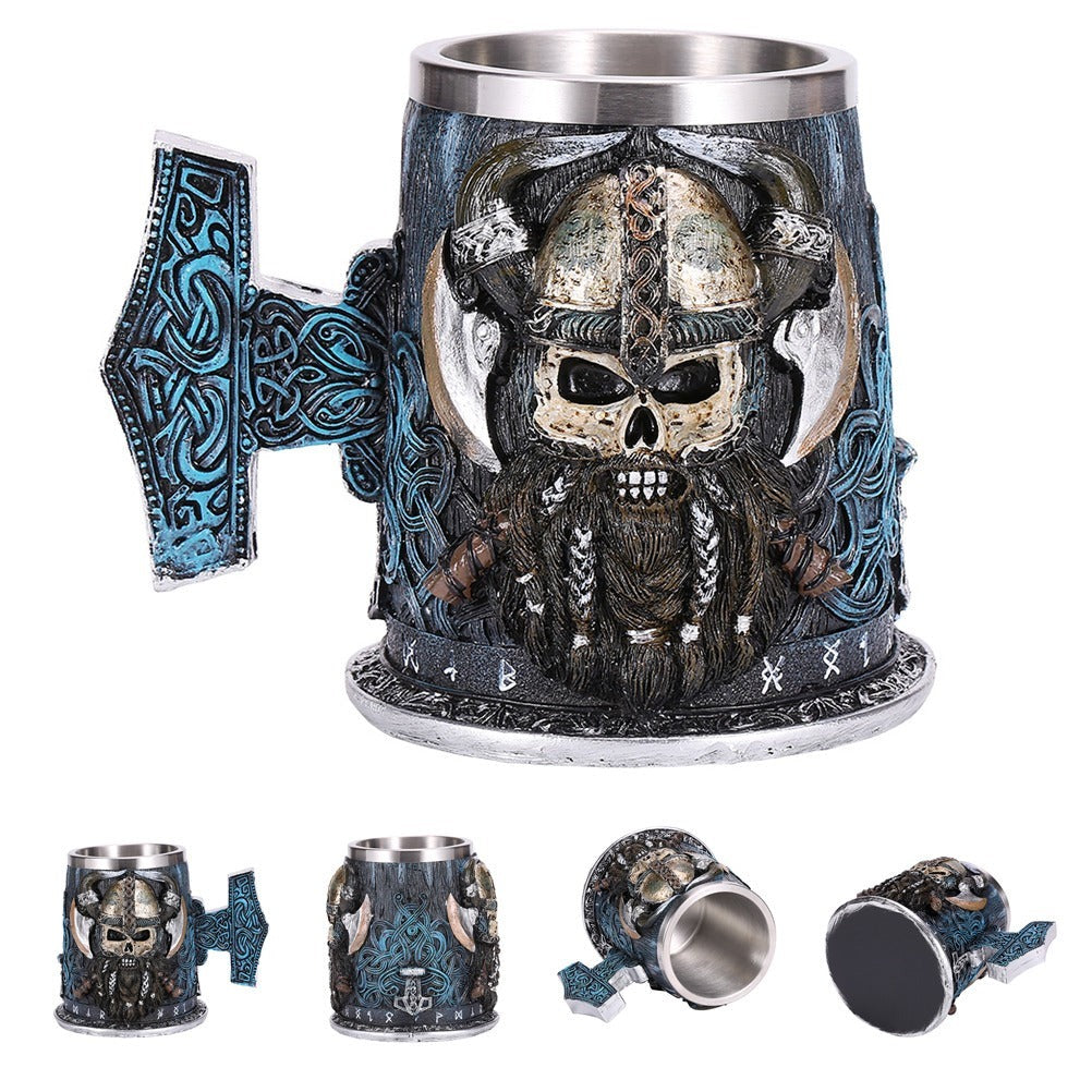 Resin and Stainless Steel Beer 450ml Mug / Retro Viking Pub Bar Mug with Axe and Viking