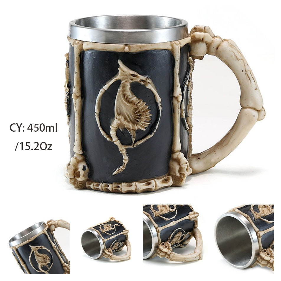 Resin and Stainless Steel Beer 450ml Mug / Retro Viking Pub Bar Mug with Dragon Bones