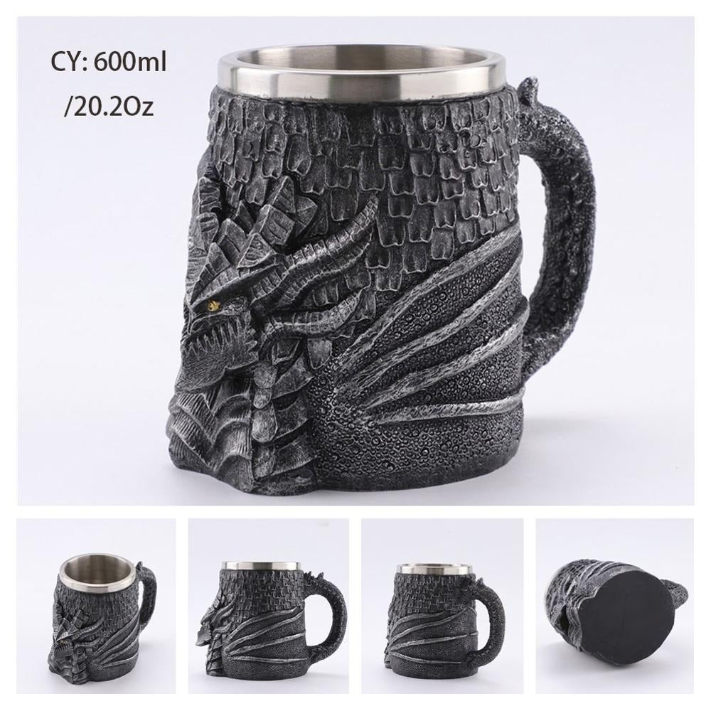 Resin and Stainless Steel Beer 450ml Mug / Retro Viking Pub Bar Mug with Medieval Dragon