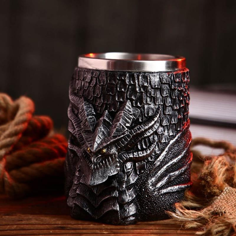 Resin and Stainless Steel Beer 450ml Mug / Retro Viking Pub Bar Mug with Medieval Dragon