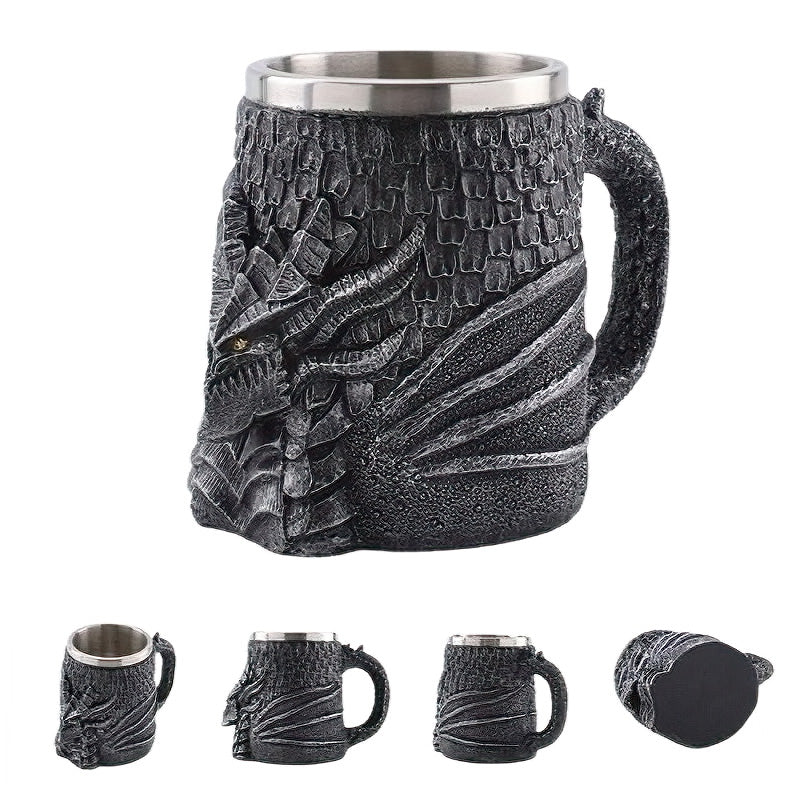 Resin and Stainless Steel Beer 450ml Mug / Retro Viking Pub Bar Mug with Medieval Dragon
