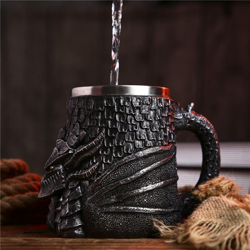 Resin and Stainless Steel Beer 450ml Mug / Retro Viking Pub Bar Mug with Medieval Dragon