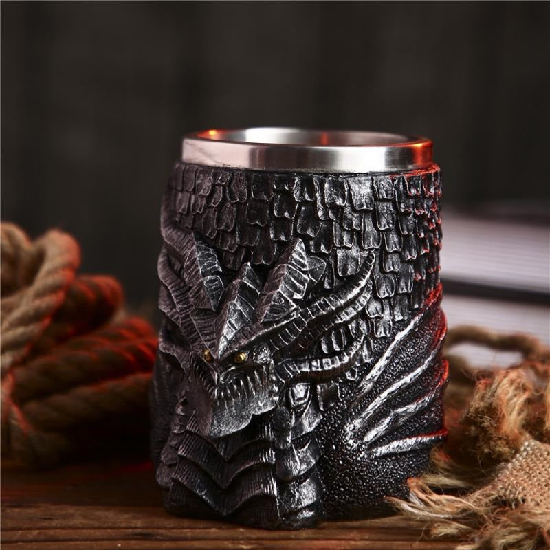 Resin and Stainless Steel Beer 450ml Mug / Retro Viking Pub Bar Mug with Medieval Dragon