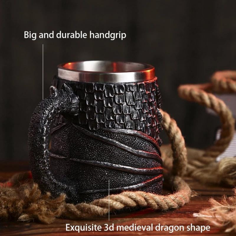 Resin and Stainless Steel Beer 450ml Mug / Retro Viking Pub Bar Mug with Medieval Dragon