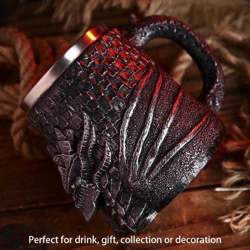 Resin and Stainless Steel Beer 450ml Mug / Retro Viking Pub Bar Mug with Medieval Dragon