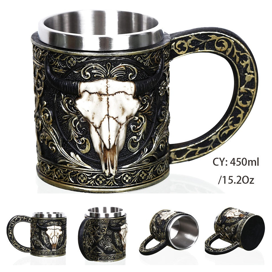 Resin and Stainless Steel Beer 450ml Mug / Retro Viking Pub Bar Mug with Oxhead