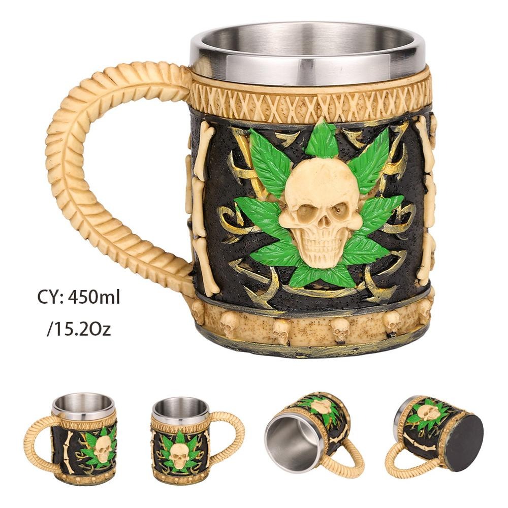 Resin and Stainless Steel Beer 450ml Mug / Retro Viking Pub Bar Mug with Plant Zombie