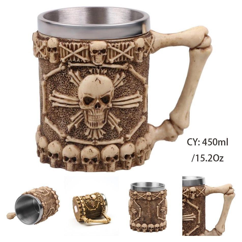 Resin and Stainless Steel Beer 450ml Mug / Retro Viking Pub Bar Mug with Skull and Bones