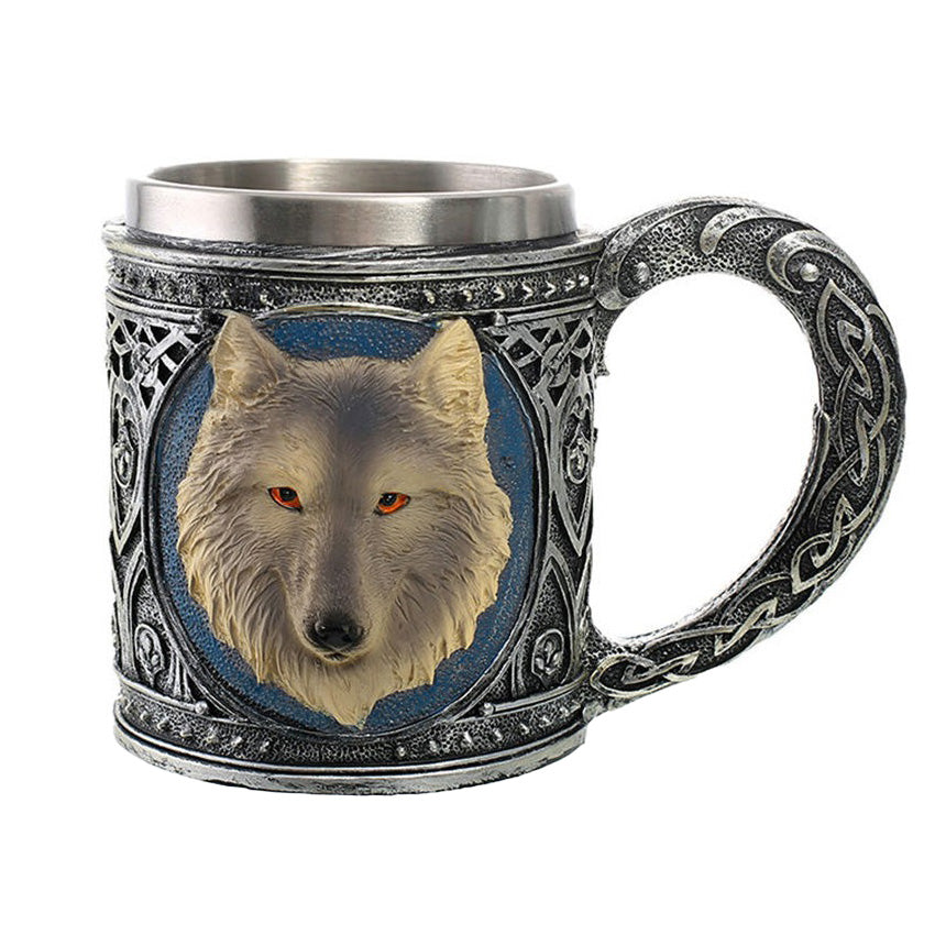 Resin and Stainless Steel Beer 450ml Mug / Retro Viking Pub Bar Mug with Wolf King