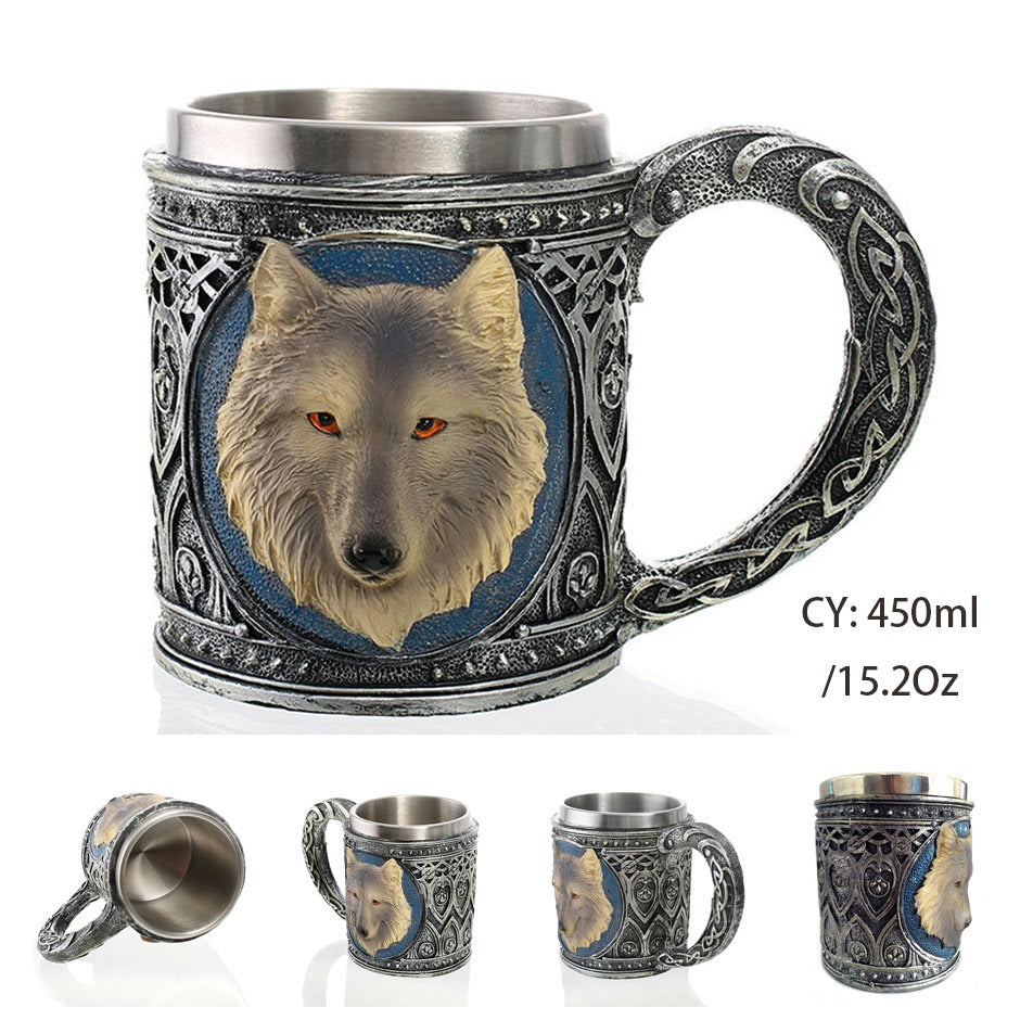Resin and Stainless Steel Beer 450ml Mug / Retro Viking Pub Bar Mug with Wolf King