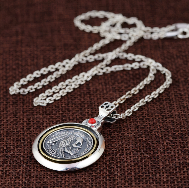 Retro Copper Double-Sided Pendant Of Skull Head For Men / Gothic Accessories In Rock Style