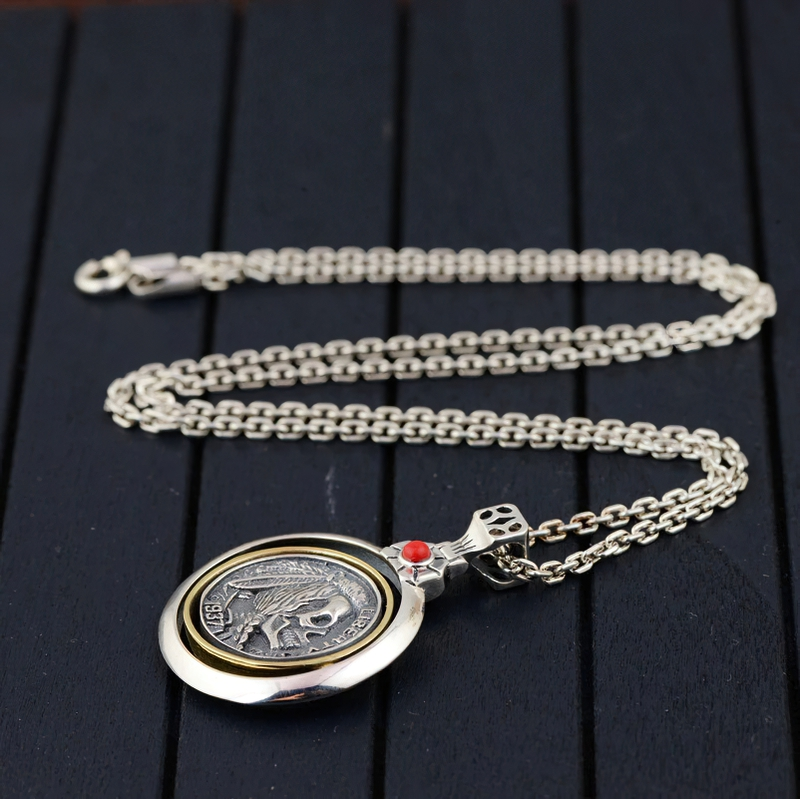 Retro Copper Double-Sided Pendant Of Skull Head For Men / Gothic Accessories In Rock Style