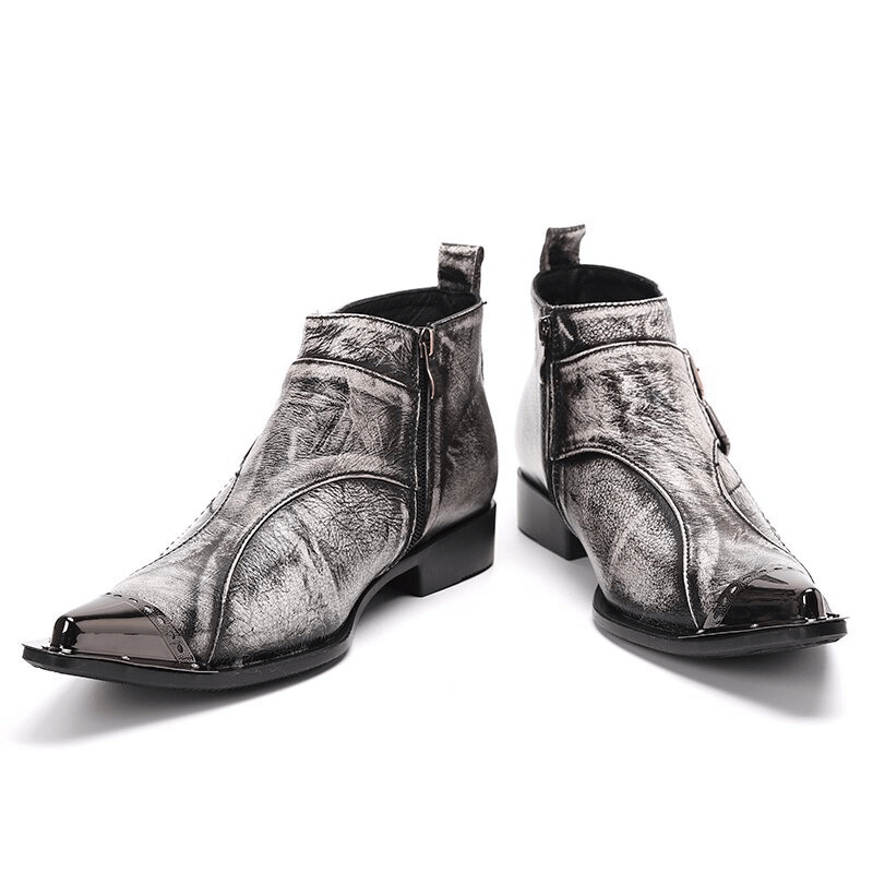 Retro Grey Boots For Men with Double Buckles / Fashion Metal Toe Leather Shoes
