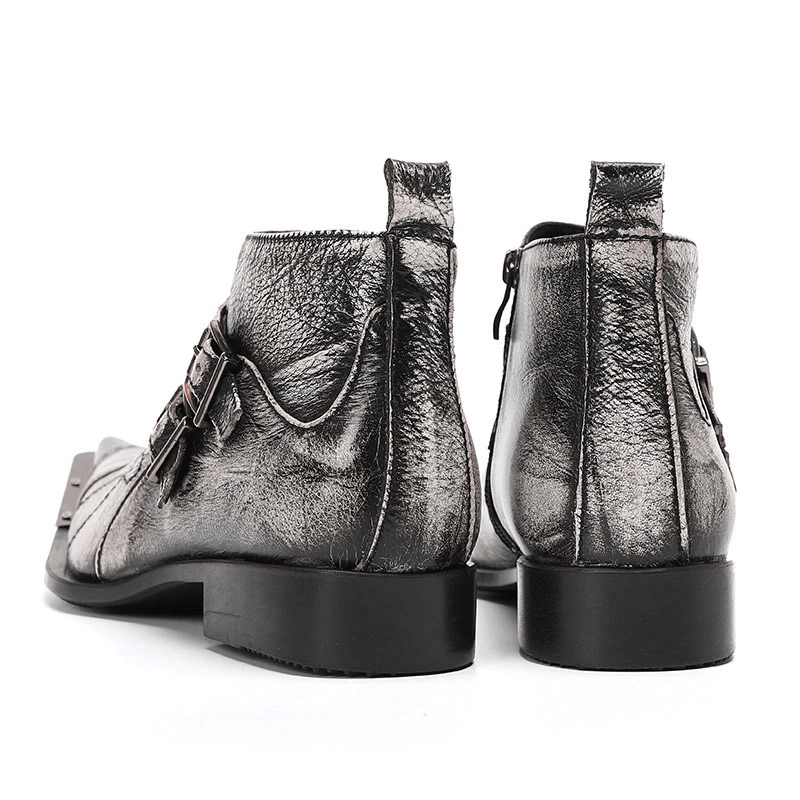 Retro Grey Boots For Men with Double Buckles / Fashion Metal Toe Leather Shoes
