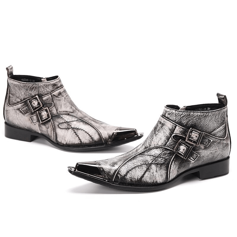 Retro Grey Boots For Men with Double Buckles / Fashion Metal Toe Leather Shoes
