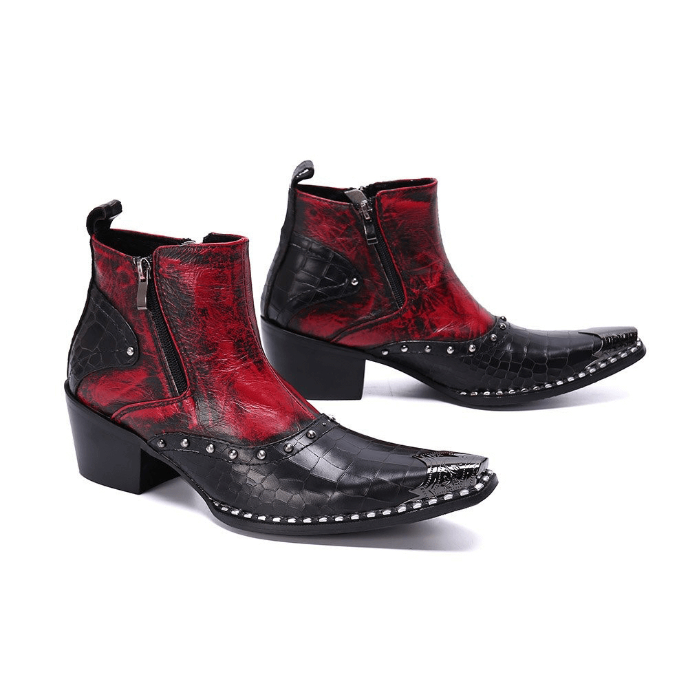 Retro High Heel Ankle Boots with Double Zipper / Rhinestone Red and Black Shoes in Rock Style