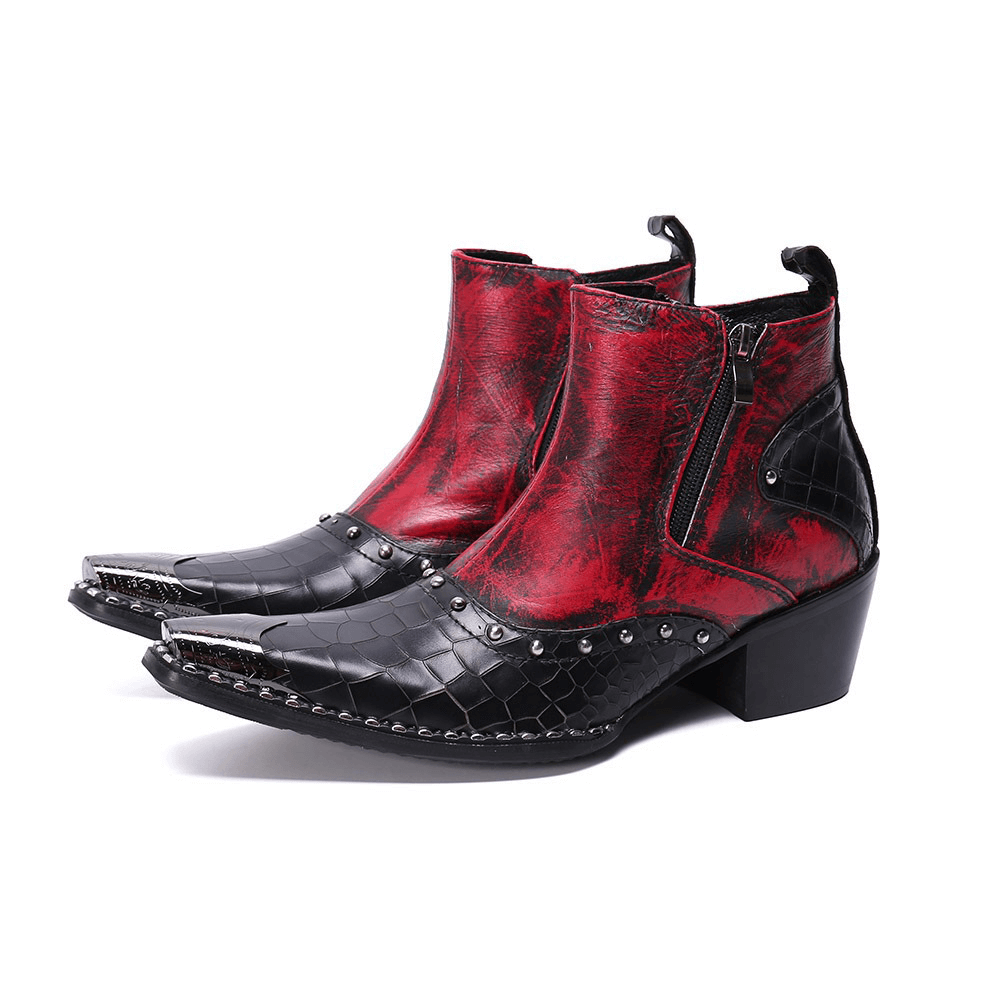 Retro High Heel Ankle Boots with Double Zipper / Rhinestone Red and Black Shoes in Rock Style
