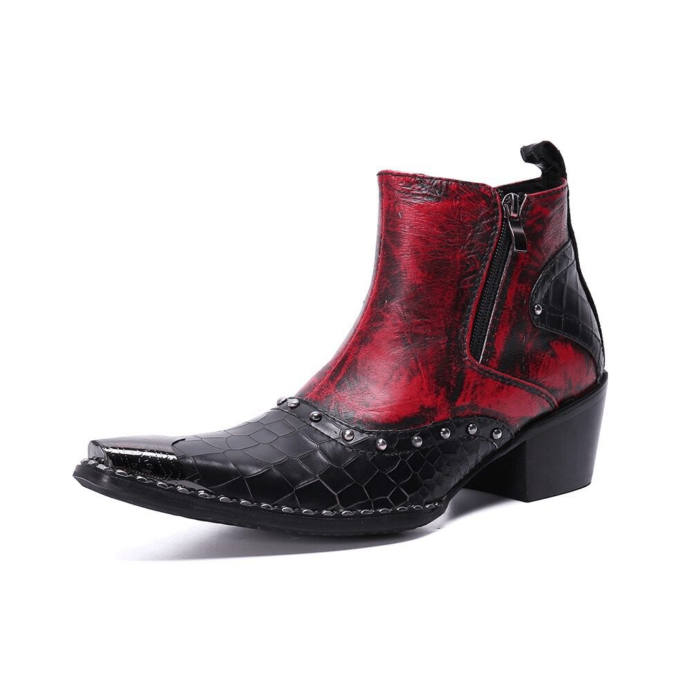 Retro High Heel Ankle Boots with Double Zipper / Rhinestone Red and Black Shoes in Rock Style