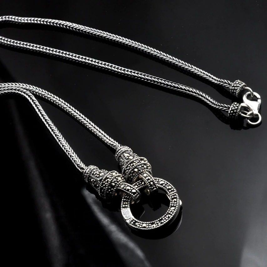 Retro Long Chain with Real Silver / Marcasite Stone Pendant / S925 Sterling Silver Jewelry