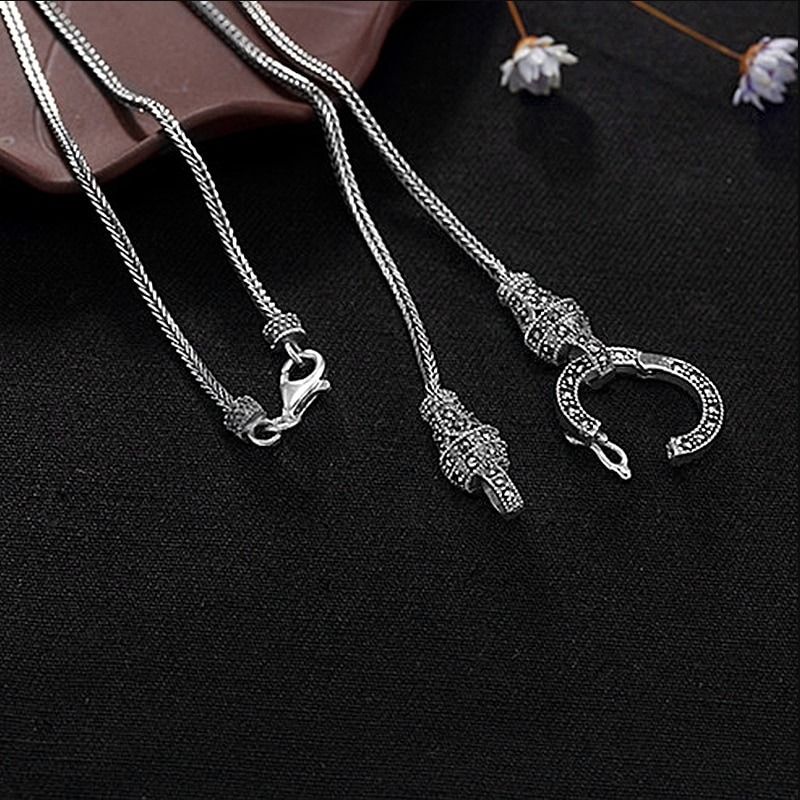 Retro Long Chain with Real Silver / Marcasite Stone Pendant / S925 Sterling Silver Jewelry